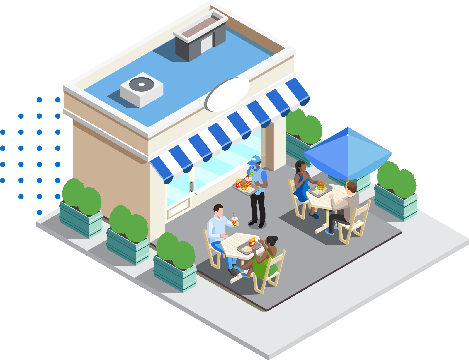 Customers eating and ordering at a quick service fast food restaurant with employees serving orders