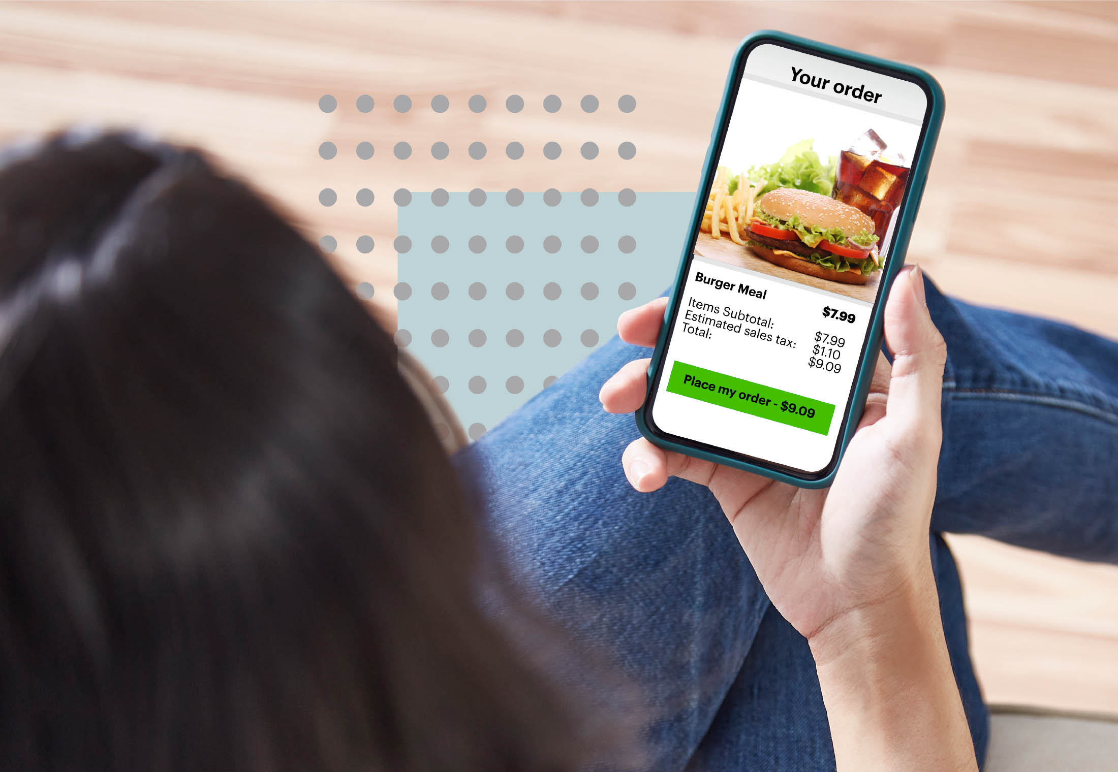 Image of person ordering placing a mobile food order on a QSR app