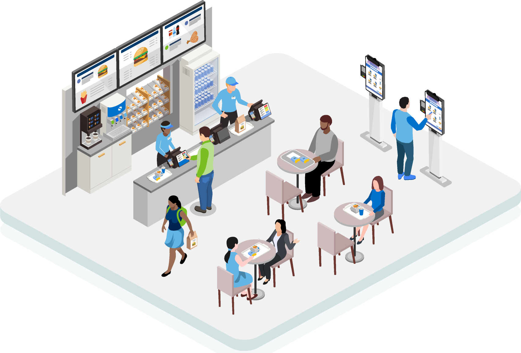 Customers using kiosks to order at a fast food restaurant